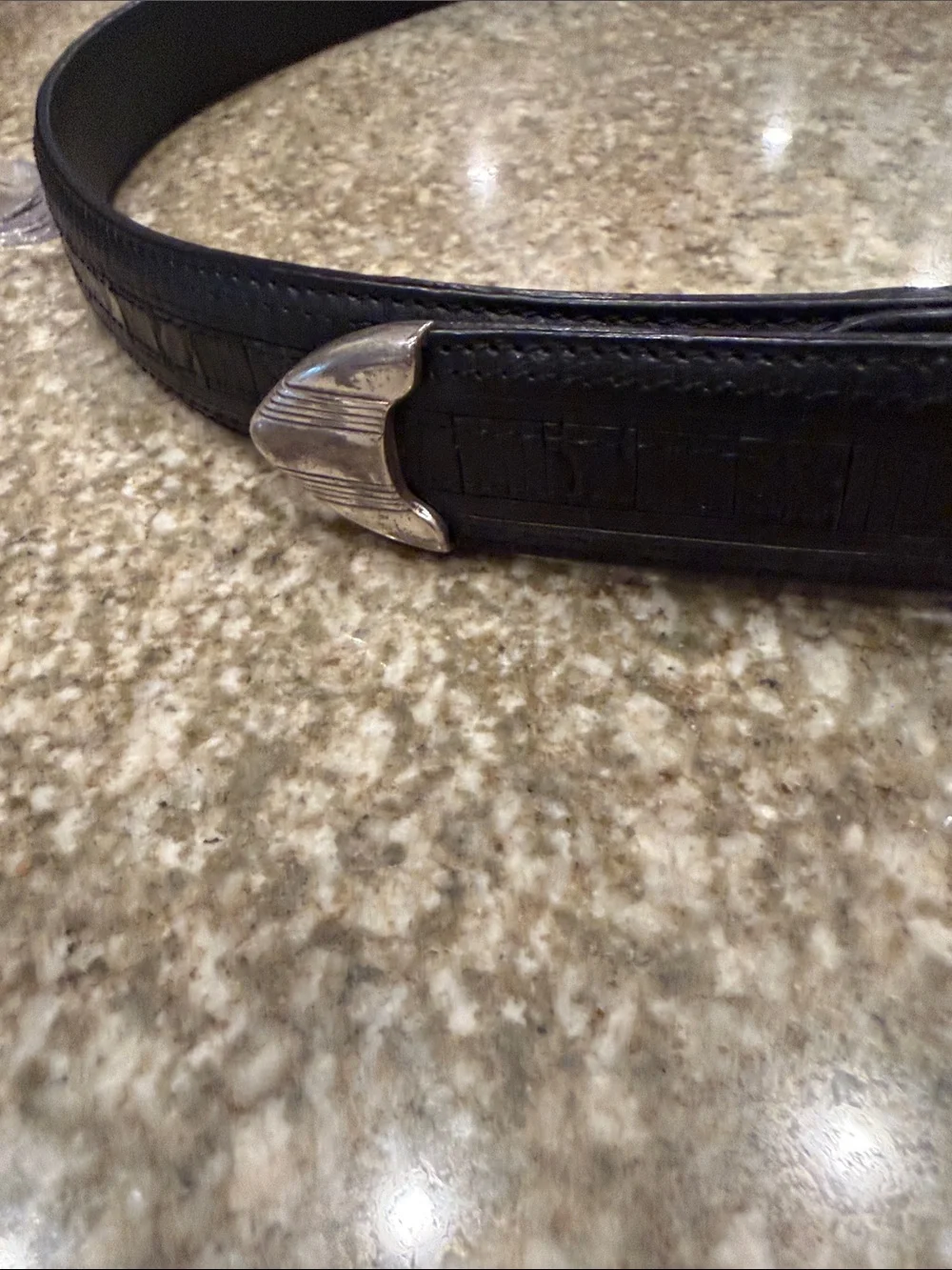 Vintage PGA Tour Black Textured Leather Belt with Carved Silver Buckle Size 38